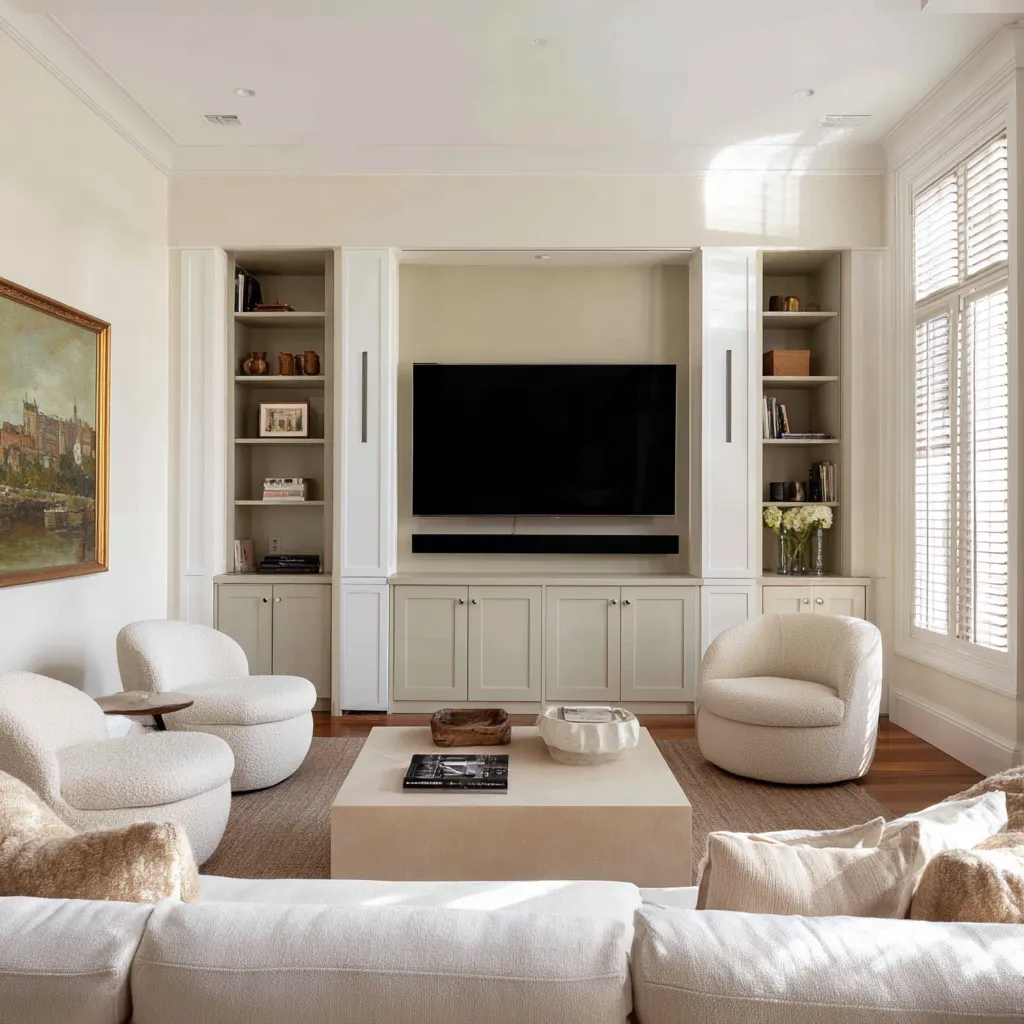Refined living room ideas with pale built-in shelving and TV wall, shuttered windows, rounded cream chairs Refined living room ideas with pale built-in shelving and TV wall, shuttered windows, rounded cream chairs