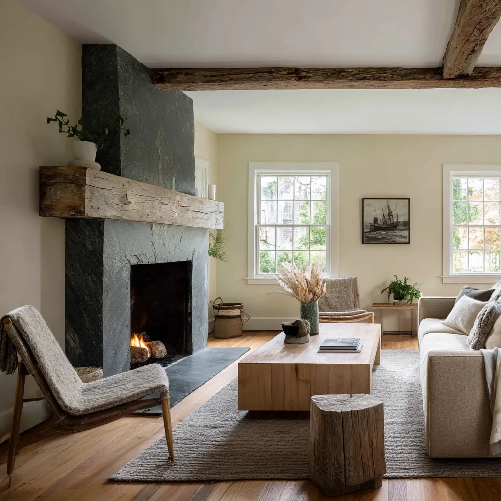 Restrained rustic Scandinavian living room concept featuring a dark soapstone-style fireplace, rough timber mantel, pale walls Restrained rustic Scandinavian living room concept featuring a dark soapstone-style fireplace, rough timber mantel, pale walls
