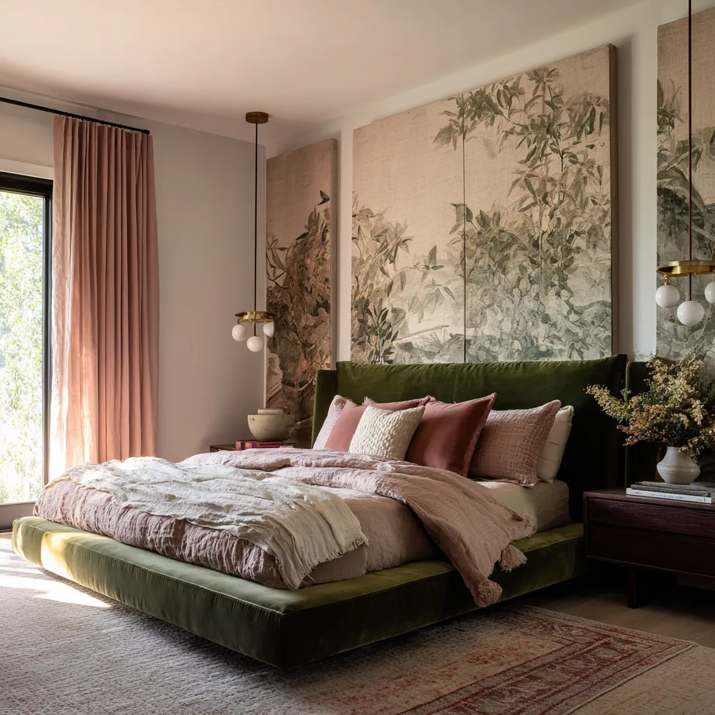 Romantic bedroom with an olive-green velvet bed, tall pale botanical triptych panels, blush bedding and drapery Romantic bedroom with an olive-green velvet bed, tall pale botanical triptych panels, blush bedding and drapery