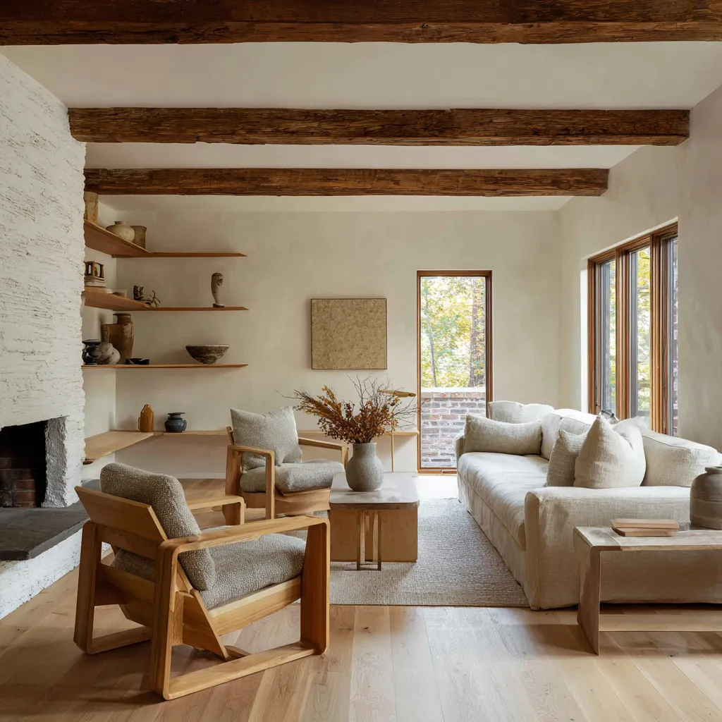 Rustic Nordic living room with Japanese farmhouse influence, featuring aged timber beams Rustic Nordic living room with Japanese farmhouse influence, featuring aged timber beams