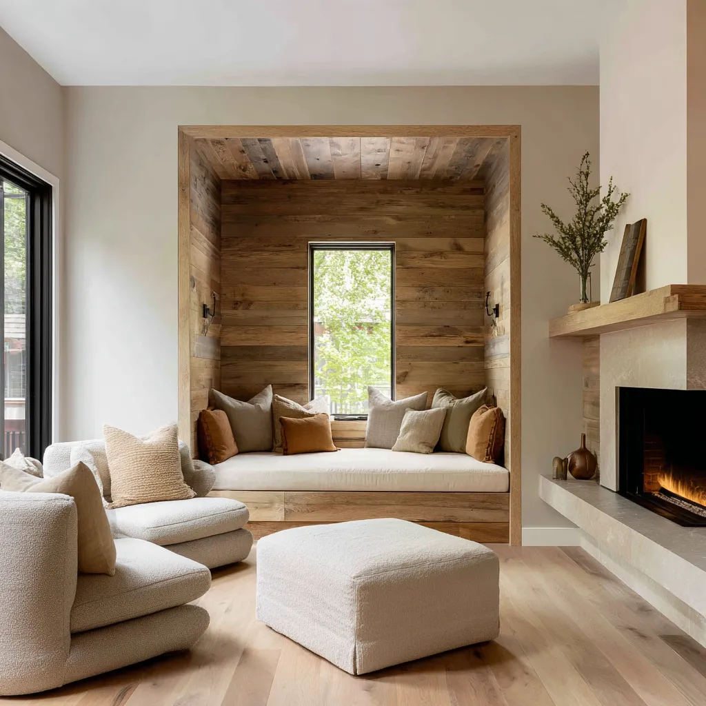 Rustic Scandinavian living room design idea featuring a wood-lined recessed nook, cushioned bench seating, low rounded lounge chairs Rustic Scandinavian living room design idea featuring a wood-lined recessed nook, cushioned bench seating, low rounded lounge chairs