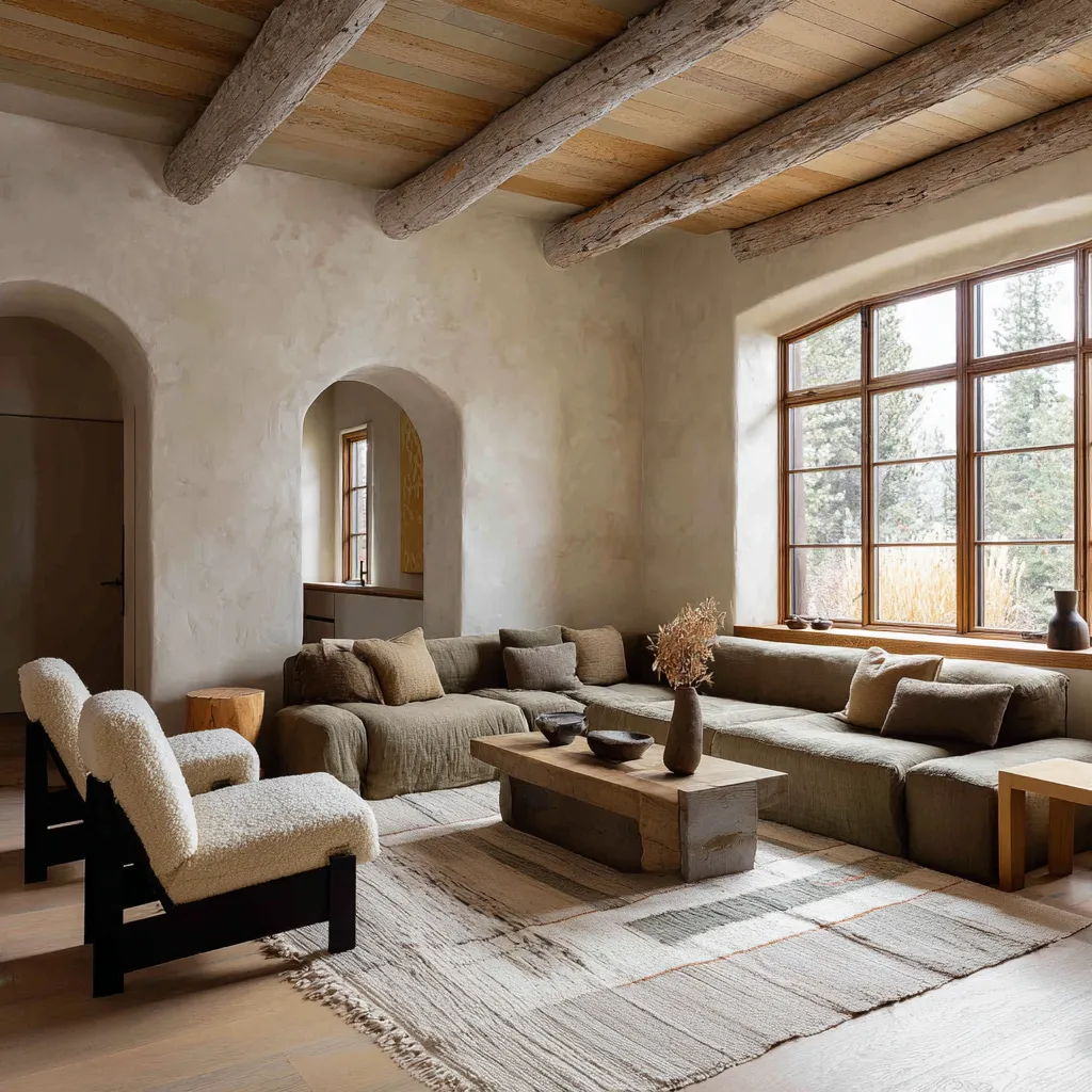 Rustic Scandinavian living room design idea with rough plaster walls, rounded openings, low timber ceiling beams Rustic Scandinavian living room design idea with rough plaster walls, rounded openings, low timber ceiling beams
