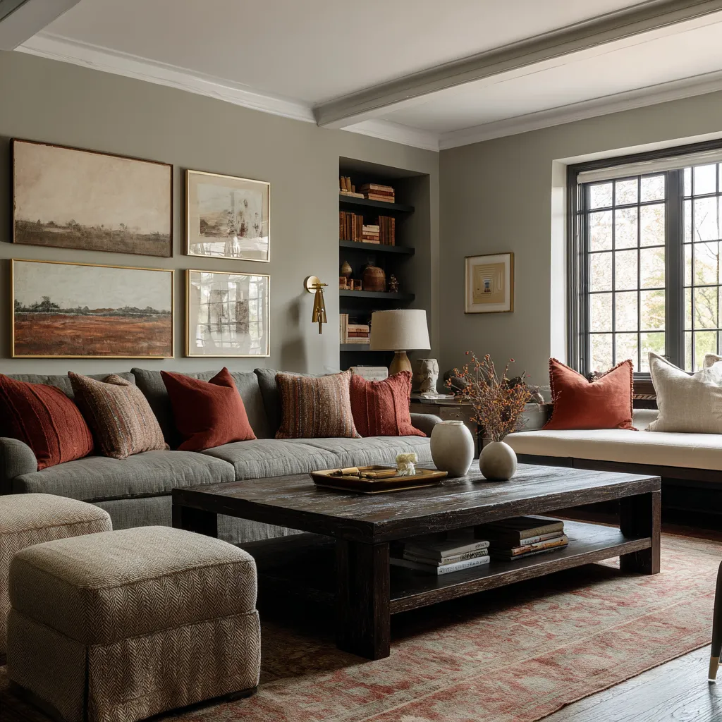 Sage-gray living room with long gray sectional, rust-red pillows, four-piece art grouping, dark shelf niche, black-trimmed window Sage-gray living room with long gray sectional, rust-red pillows, four-piece art grouping, dark shelf niche, black-trimmed window
