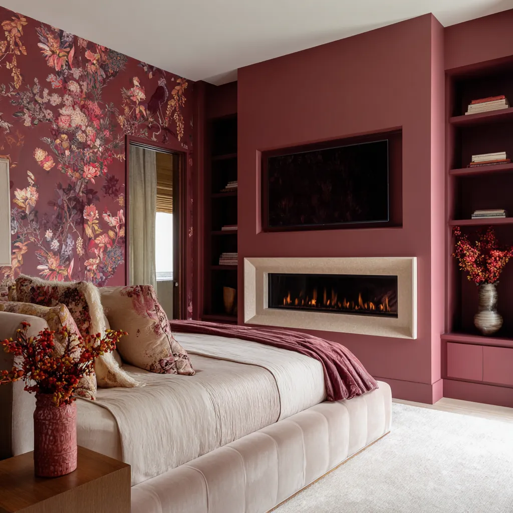 Saturated pink maximalist bedroom with an oxblood media wall, black TV niche, pale fireplace surround, floral wallpaper Saturated pink maximalist bedroom with an oxblood media wall, black TV niche, pale fireplace surround, floral wallpaper