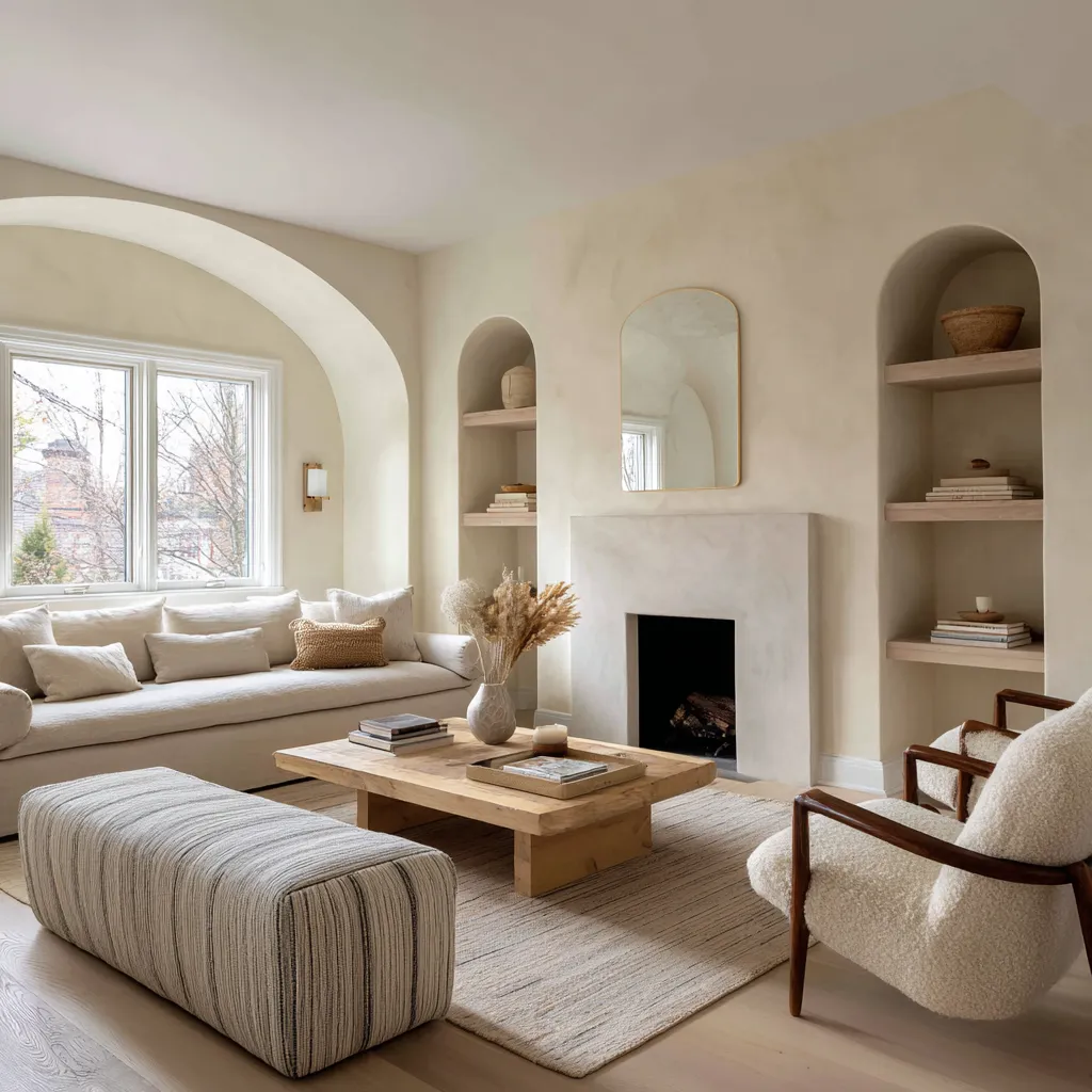 Scandinavian living room inspiration concept with arched plaster walls, built-in arched shelves, a pale monolithic fireplace Scandinavian living room inspiration concept with arched plaster walls, built-in arched shelves, a pale monolithic fireplace