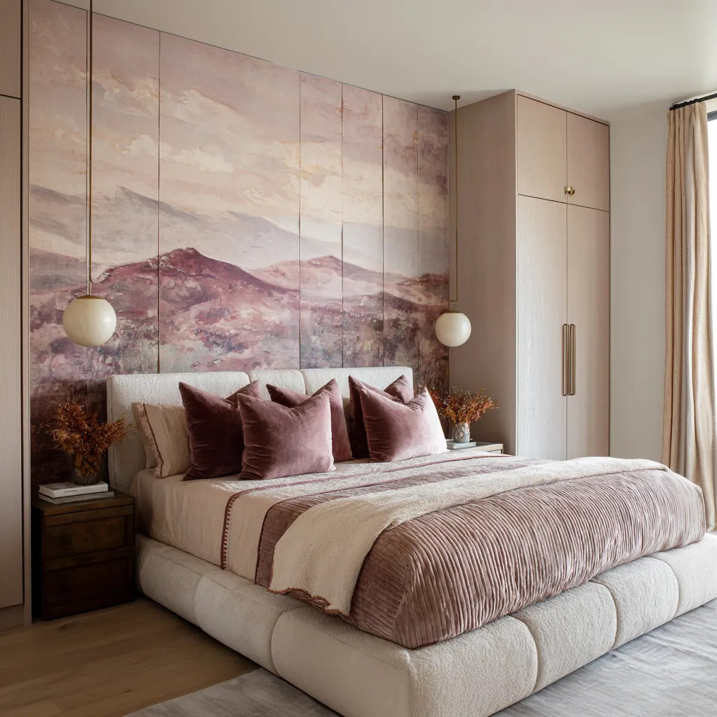 Scenic pink maximalist bedroom with a panel-grid landscape mural in blush and mauve tones, creamy boucle bed, pale bedding Scenic pink maximalist bedroom with a panel-grid landscape mural in blush and mauve tones, creamy boucle bed, pale bedding