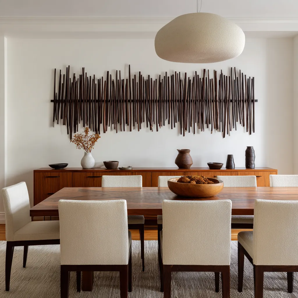 Sculptural coastal dining room interior design with a large wall installation of dark vertical rods, warm dark wood furniture Sculptural coastal dining room interior design with a large wall installation of dark vertical rods, warm dark wood furniture