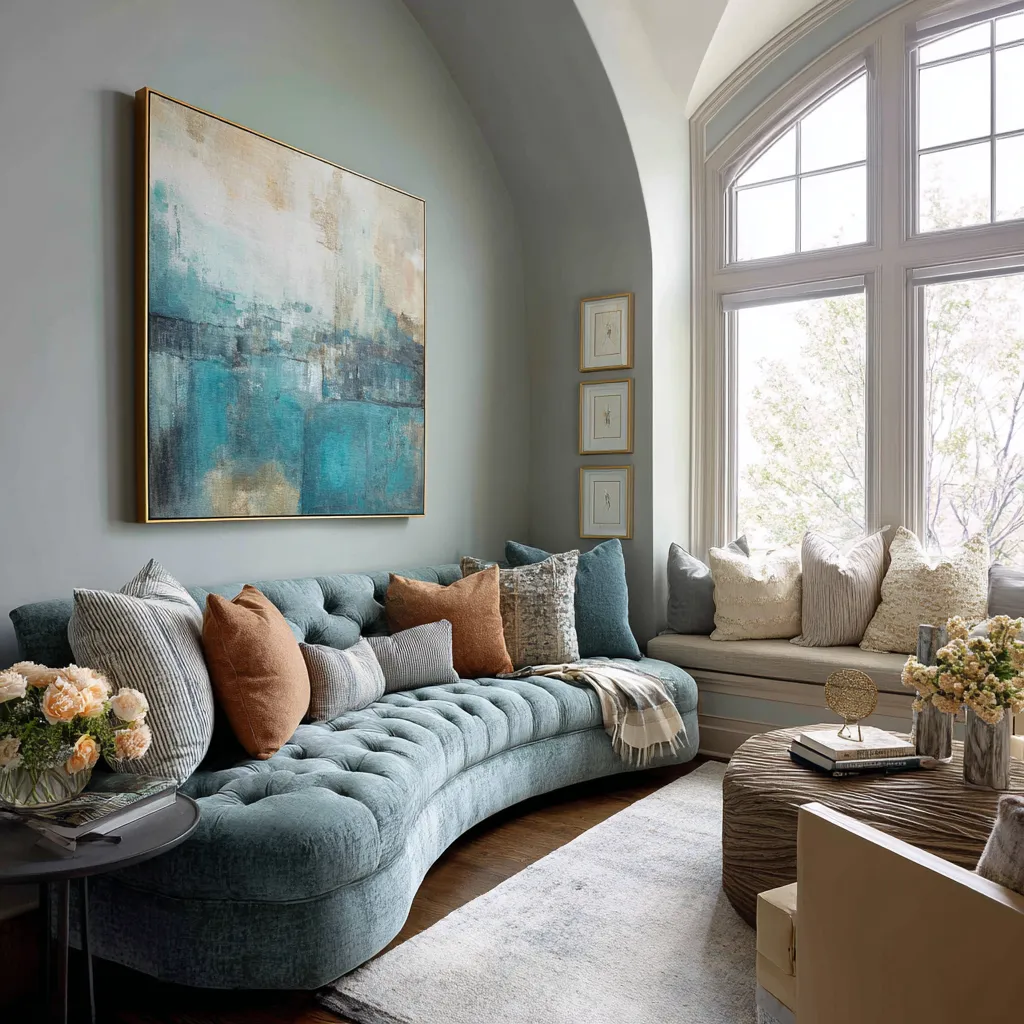 Sculptural living room with tall arched window, curved tufted teal sofa, oversized blue abstract art, built-in window bench Sculptural living room with tall arched window, curved tufted teal sofa, oversized blue abstract art, built-in window bench