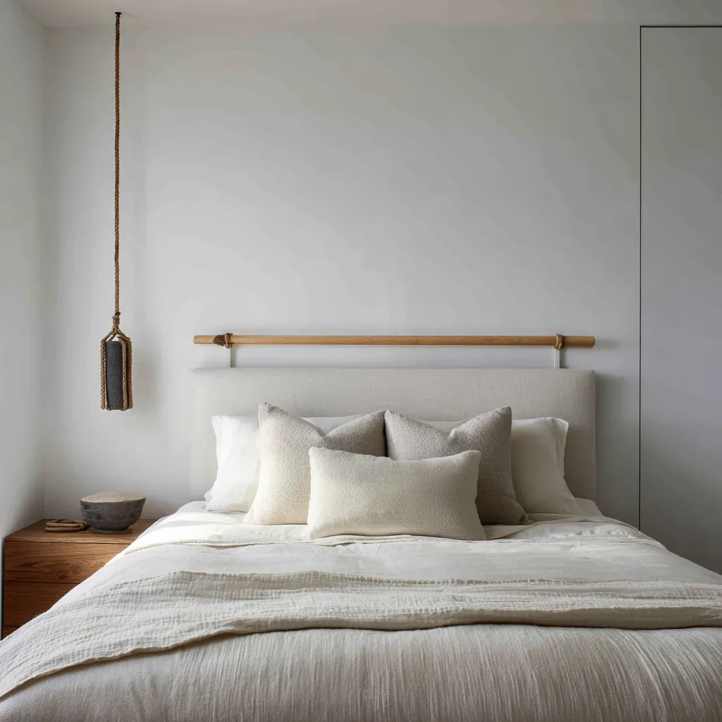 Sculptural minimalist beach bedroom ideas featuring a rope pendant, slim wood wall rail, creamy textiles, pale wood nightstand Sculptural minimalist beach bedroom ideas featuring a rope pendant, slim wood wall rail, creamy textiles, pale wood nightstand