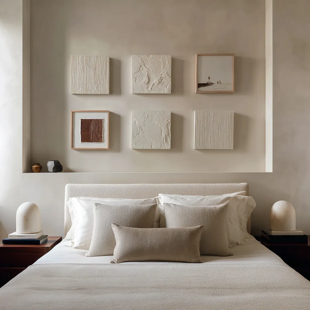 Sculptural over the bed decor with nine pale framed artworks in a long balanced composition Sculptural over the bed decor with nine pale framed artworks in a long balanced composition