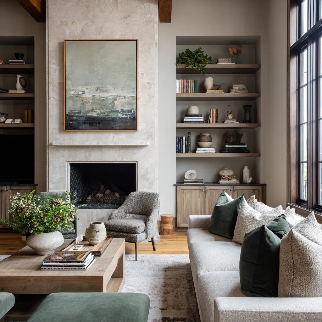 Serene living room with pale stone fireplace, large abstract canvas, tall shelving, cream sofa with deep green pillows, textured gray chair Serene living room with pale stone fireplace, large abstract canvas, tall shelving, cream sofa with deep green pillows, textured gray chair