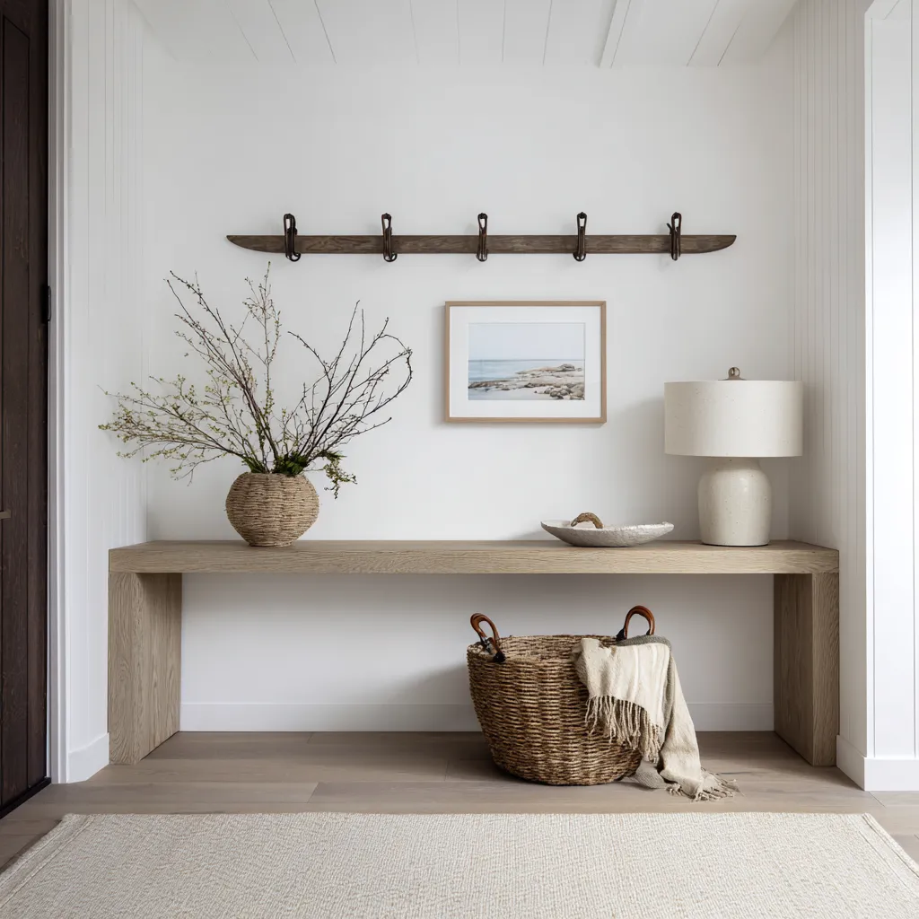 Simple Beach theme entryway ideas with hook rail, pale wood console, small coastal artwork, woven basket Simple Beach theme entryway ideas with hook rail, pale wood console, small coastal artwork, woven basket