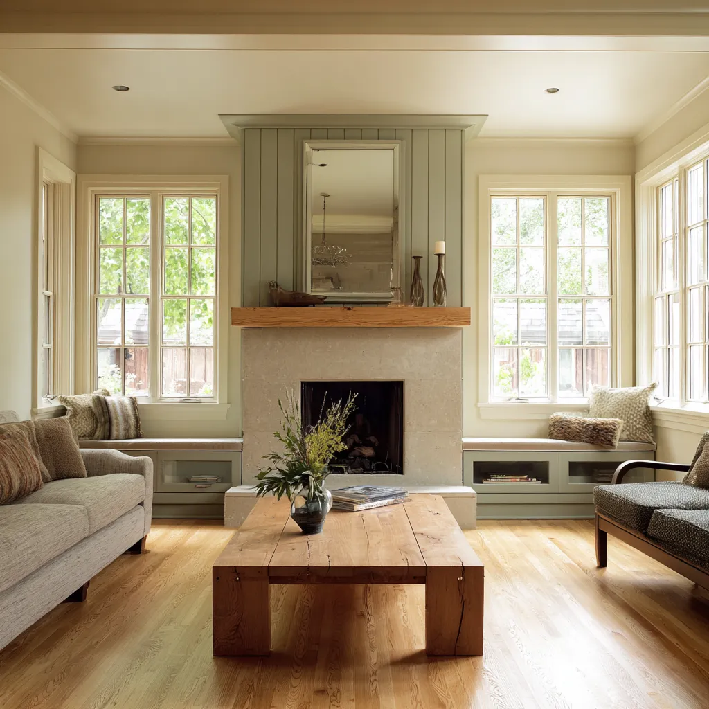 Simple Norwegian living room design concept with fireplace between windows, built-in benches Simple Norwegian living room design concept with fireplace between windows, built-in benches