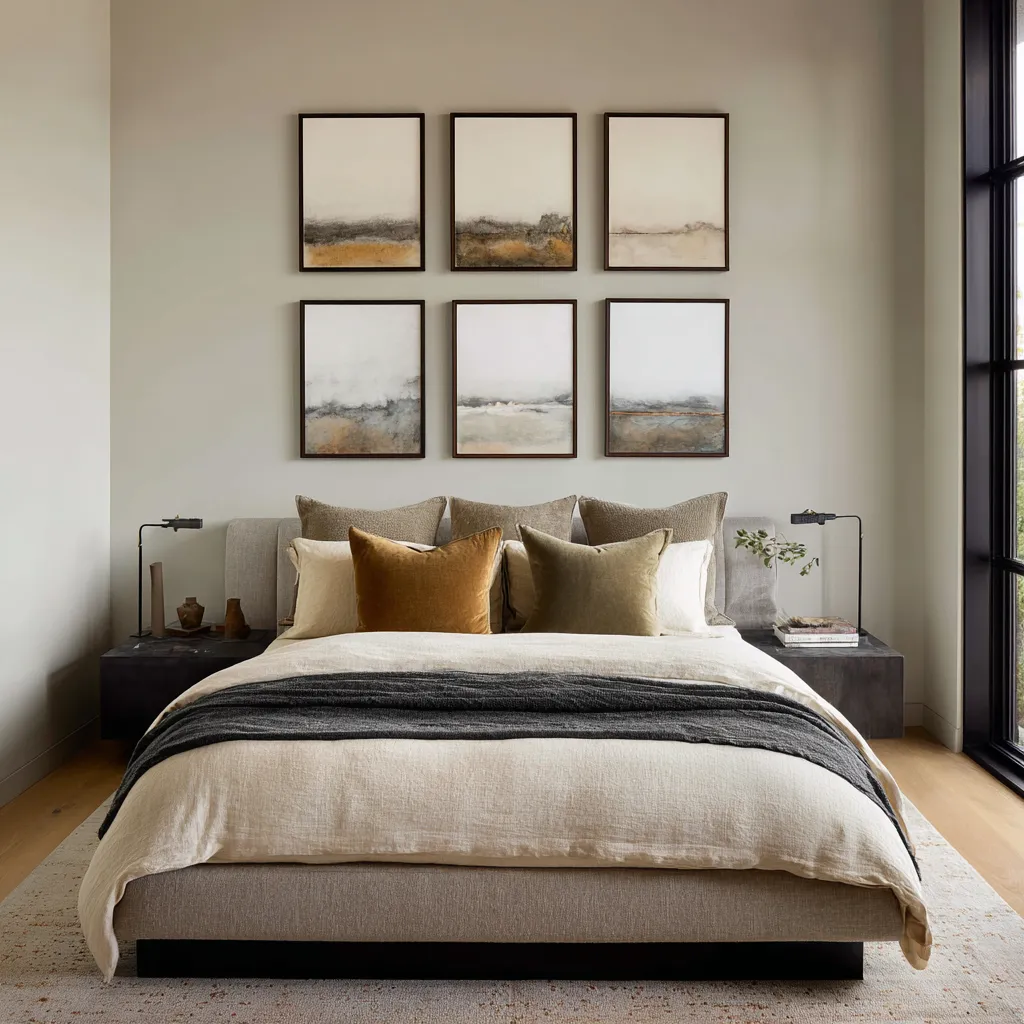 Simple over master bed decor with an asymmetrical art layout of two stacked larger frames Simple over master bed decor with an asymmetrical art layout of two stacked larger frames