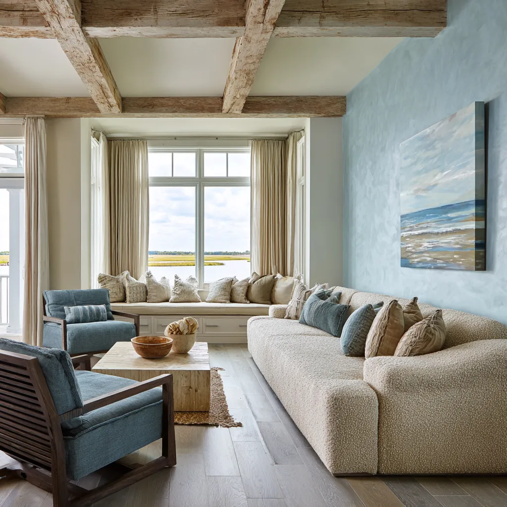 Sitting room with weathered ceiling beams, a long built-in window seat facing marsh views Sitting room with weathered ceiling beams, a long built-in window seat facing marsh views