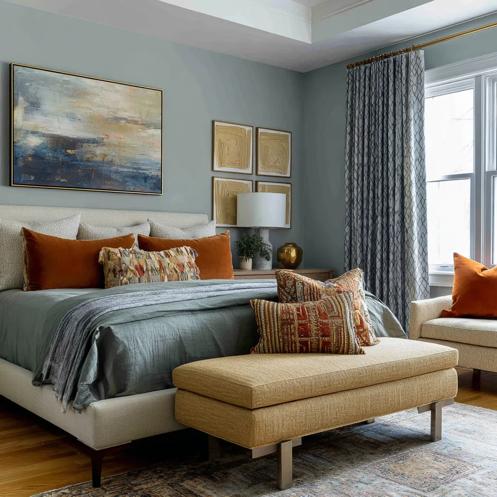 Slate-blue bedroom with a large abstract canvas above the bed, a grid of relief artworks near the window, saffron pillows Slate-blue bedroom with a large abstract canvas above the bed, a grid of relief artworks near the window, saffron pillows