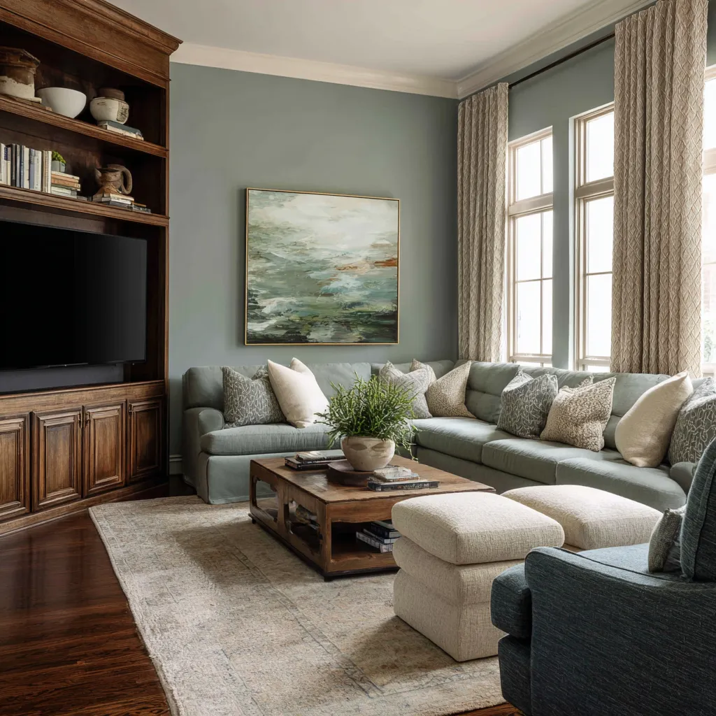 Slate blue-green living room with sage sectional, dark traditional media cabinet, tall drapery, sea-toned abstract painting Slate blue-green living room with sage sectional, dark traditional media cabinet, tall drapery, sea-toned abstract painting