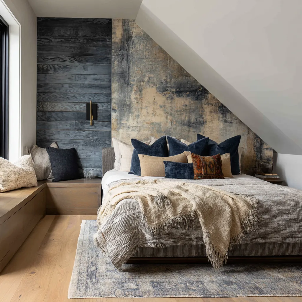 Small Attic bedroom ideas with a sloped ceiling, a dark indigo plank wall, a weathered abstract wall panel beneath the slope Small Attic bedroom ideas with a sloped ceiling, a dark indigo plank wall, a weathered abstract wall panel beneath the slope