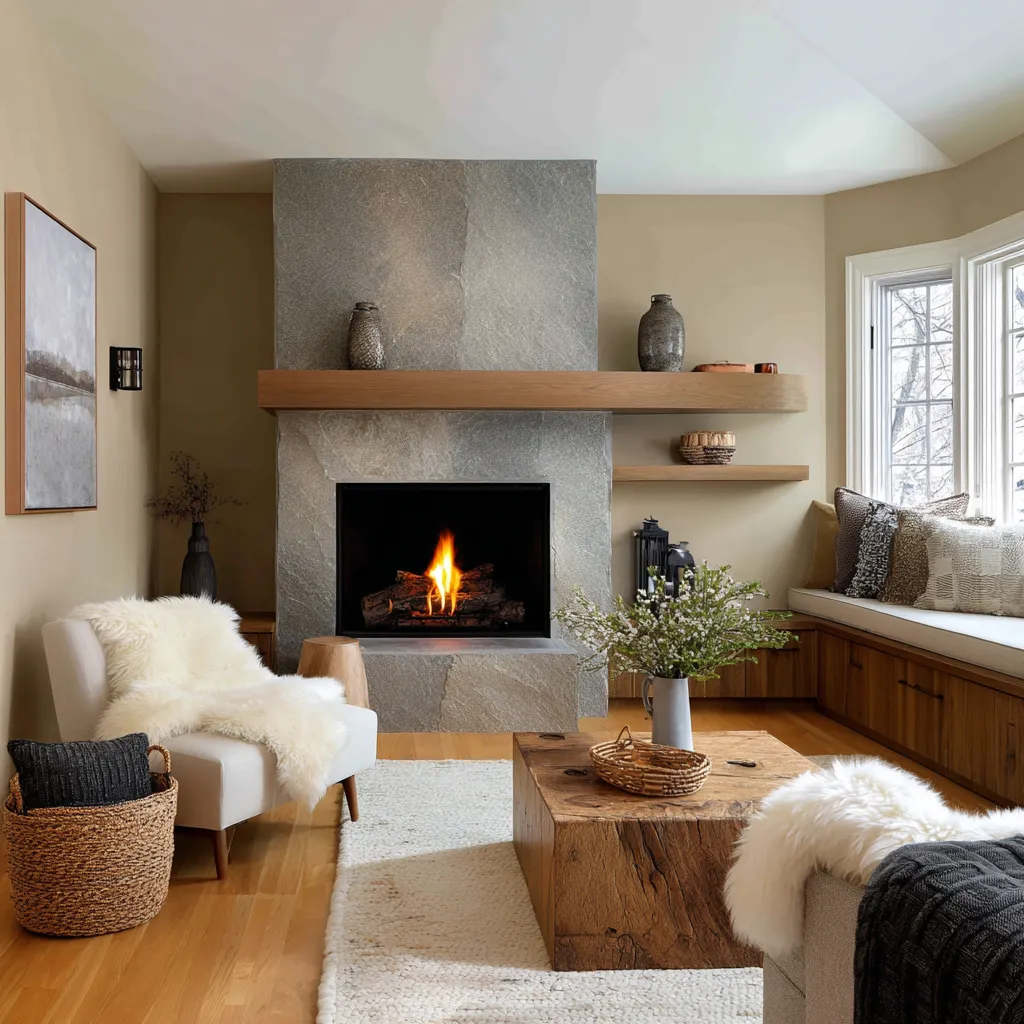 Small Norwegian-inspired suburban family room design with central stone fireplace, thick timber mantel Small Norwegian-inspired suburban family room design with central stone fireplace, thick timber mantel