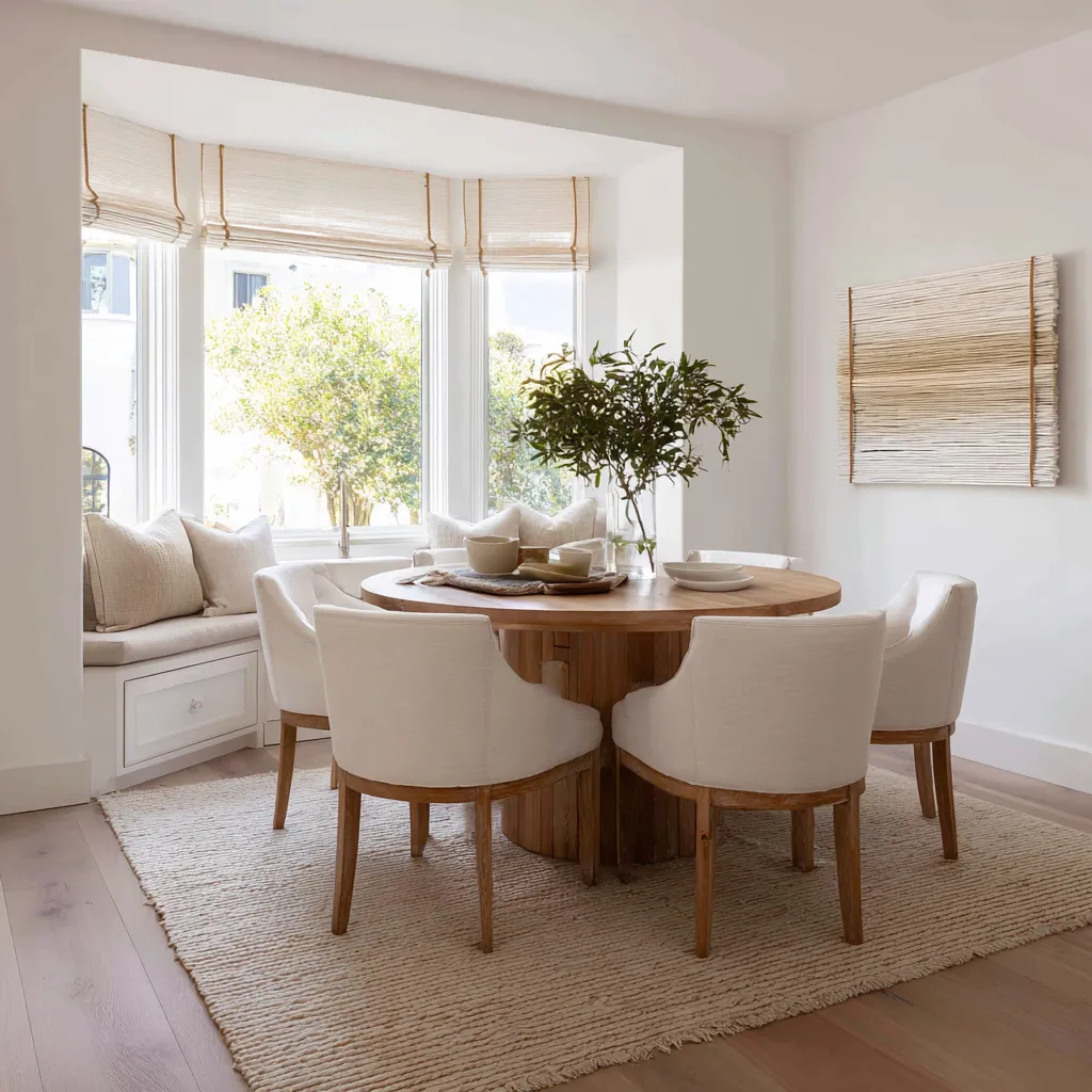 Small coastal dining room design with a bay-window bench, woven roman shades, round pedestal table, pale upholstered chairs Small coastal dining room design with a bay-window bench, woven roman shades, round pedestal table, pale upholstered chairs