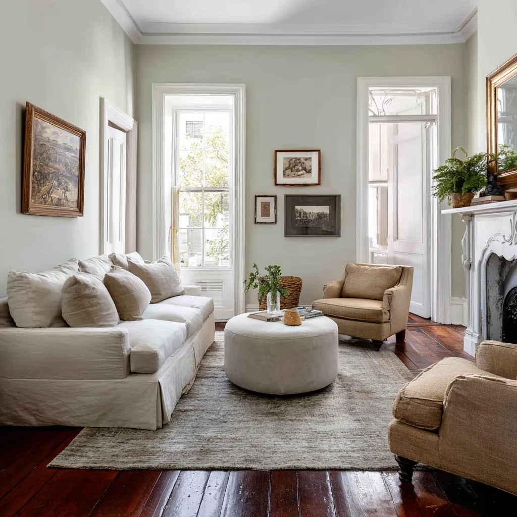 Small-room proportion handled through softness, pale green walls, and a centered upholstered core Small-room proportion handled through softness, pale green walls, and a centered upholstered core