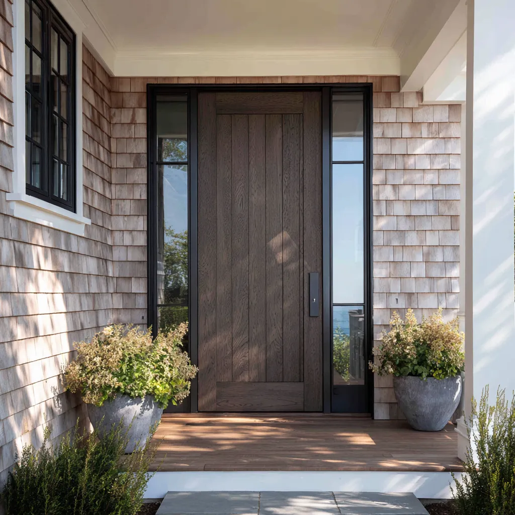 Smoked-oak slab front door concept with black-framed sidelights inside a deep shingled porch Smoked-oak slab front door concept with black-framed sidelights inside a deep shingled porch
