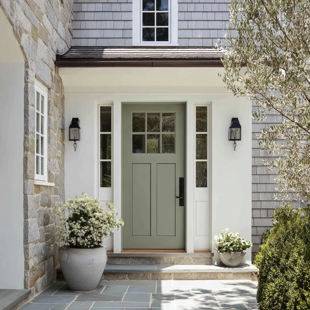 Smoky olive-gray entry door design within a white portal, flanked by narrow sidelights and surrounded Smoky olive-gray entry door design within a white portal, flanked by narrow sidelights and surrounded