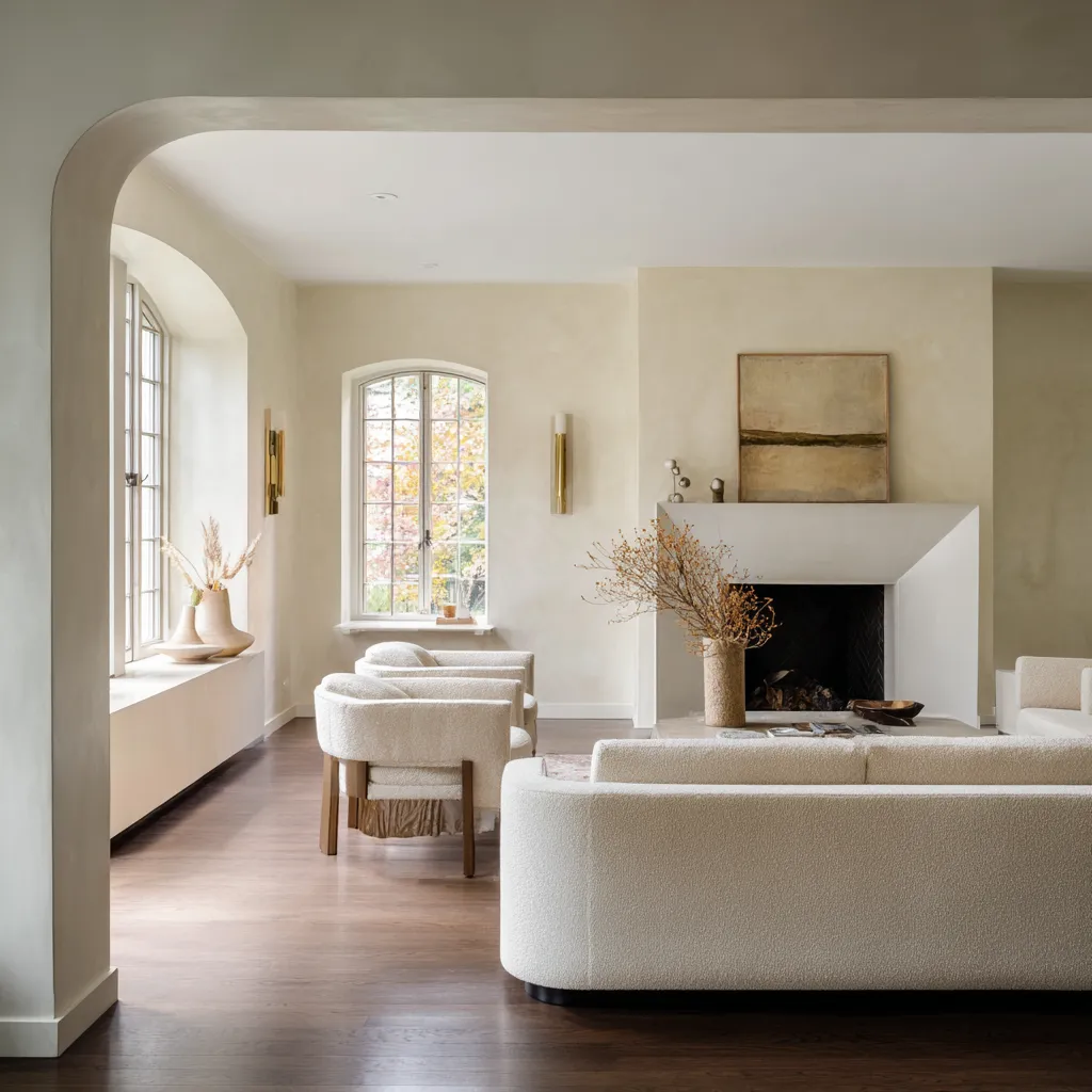 Soft Nordic living room with restrained Art Deco influence, showing arched openings Soft Nordic living room with restrained Art Deco influence, showing arched openings