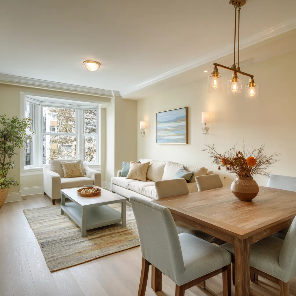 Soft Norwegian-style interior design ideas for a compact condo living-dining room with bay window Soft Norwegian-style interior design ideas for a compact condo living-dining room with bay window
