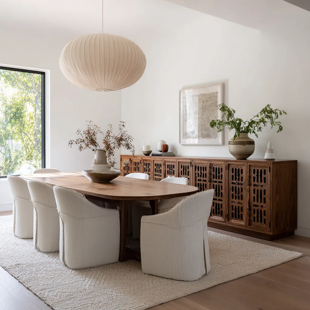 Soft beach style dining room design with a lantern-like pleated pendant, elongated oval table, slipcovered chairs Soft beach style dining room design with a lantern-like pleated pendant, elongated oval table, slipcovered chairs