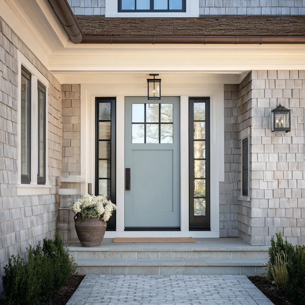 Soft blue-gray slab front door design for a Cape Cod house with black-lined sidelights inside a bright recessed shingle-house entry Soft blue-gray slab front door design for a Cape Cod house with black-lined sidelights inside a bright recessed shingle-house entry