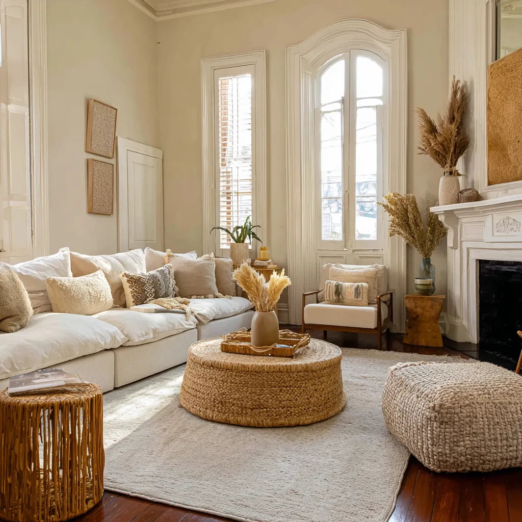 Soft boho inflection under a formal shell of New Orleans style, with woven texture kept low Soft boho inflection under a formal shell of New Orleans style, with woven texture kept low