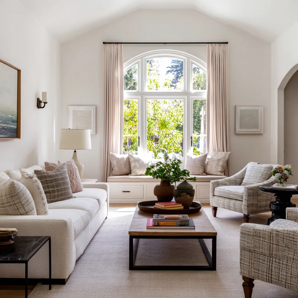 Soft grandmillennial living room with arched window bench, pale sofa, tweed-style chairs, blush accents Soft grandmillennial living room with arched window bench, pale sofa, tweed-style chairs, blush accents