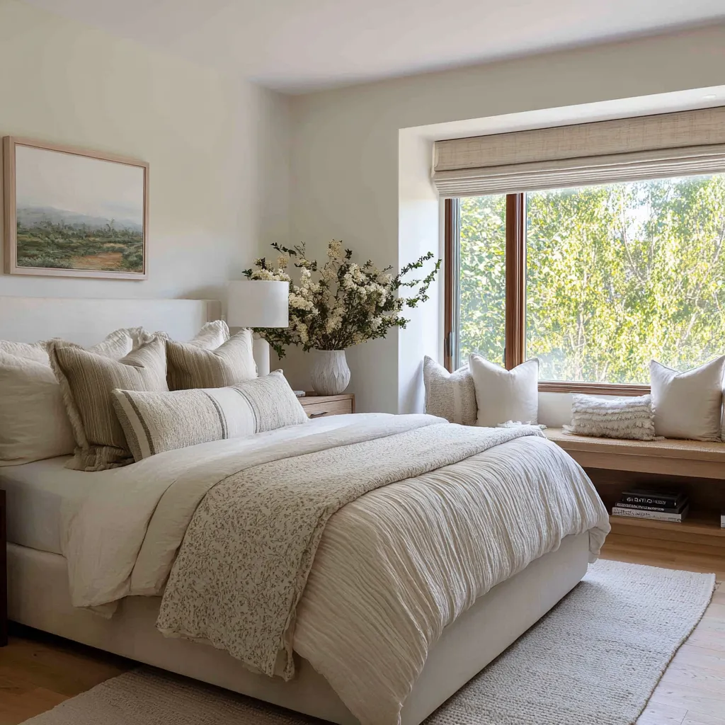 Soft neutral bedroom with layered bedding, a window-seat niche, pale landscape art, and minimal decoration Soft neutral bedroom with layered bedding, a window-seat niche, pale landscape art, and minimal decoration
