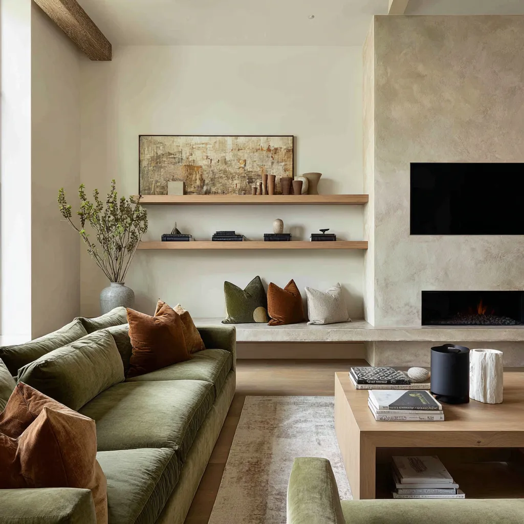 Soft organic living room with pale plaster fireplace, olive sofas, floating wood shelves, built-in bench, pale oak coffee table Soft organic living room with pale plaster fireplace, olive sofas, floating wood shelves, built-in bench, pale oak coffee table