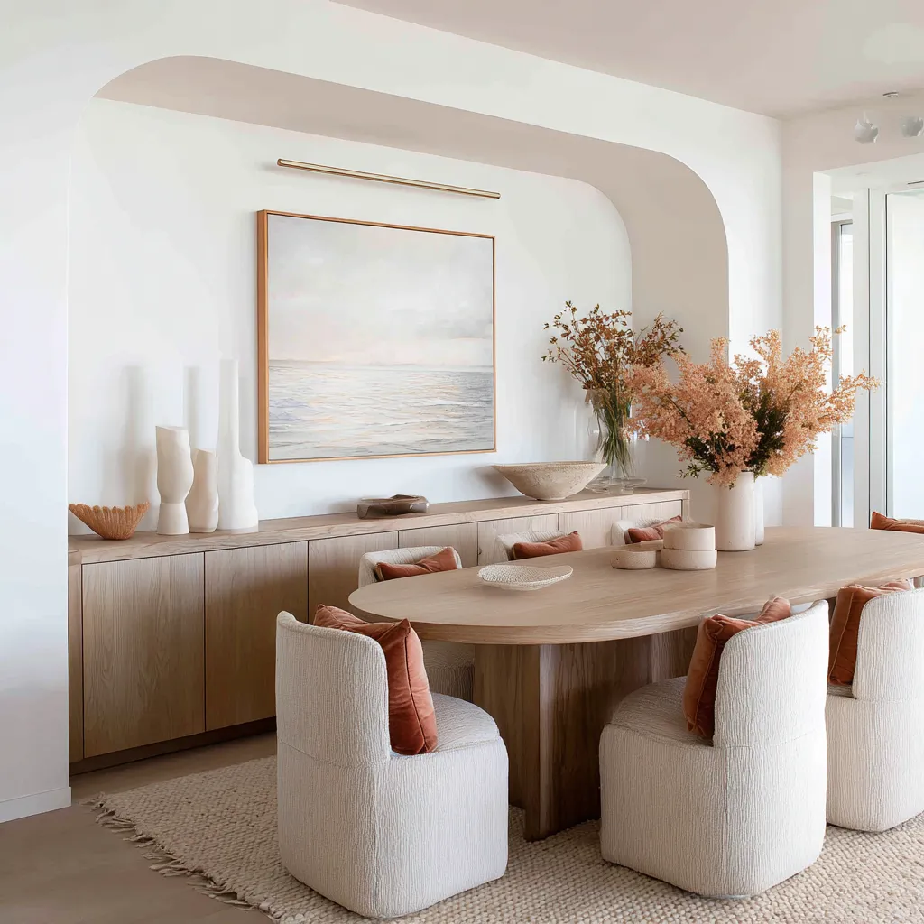 Soft sculptural coastal dining room design with a large arched recess, pale seascape art, a long sideboard, rounded dining table Soft sculptural coastal dining room design with a large arched recess, pale seascape art, a long sideboard, rounded dining table