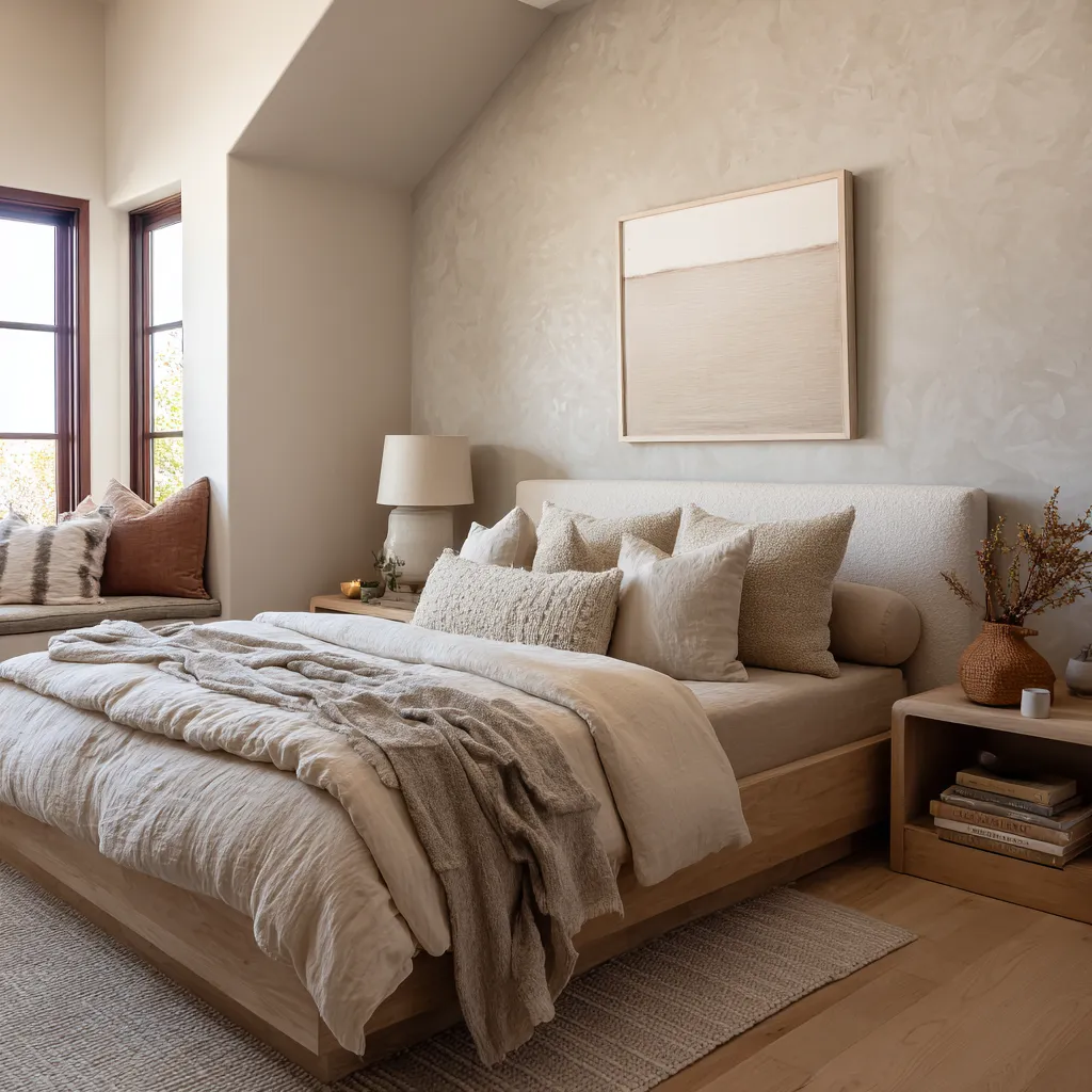 Soft warm-stone bedroom with a plaster-like wall, sloped ceiling, recessed window bench, pale oak platform bed Soft warm-stone bedroom with a plaster-like wall, sloped ceiling, recessed window bench, pale oak platform bed
