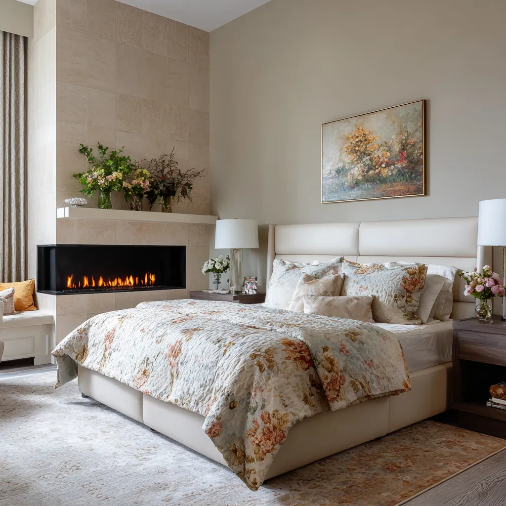 Spacious bedroom conccept with a linear fireplace in a pale stone wall, wide upholstered bed, watercolor floral bedding, and asymmetrical layout Spacious bedroom conccept with a linear fireplace in a pale stone wall, wide upholstered bed, watercolor floral bedding, and asymmetrical layout