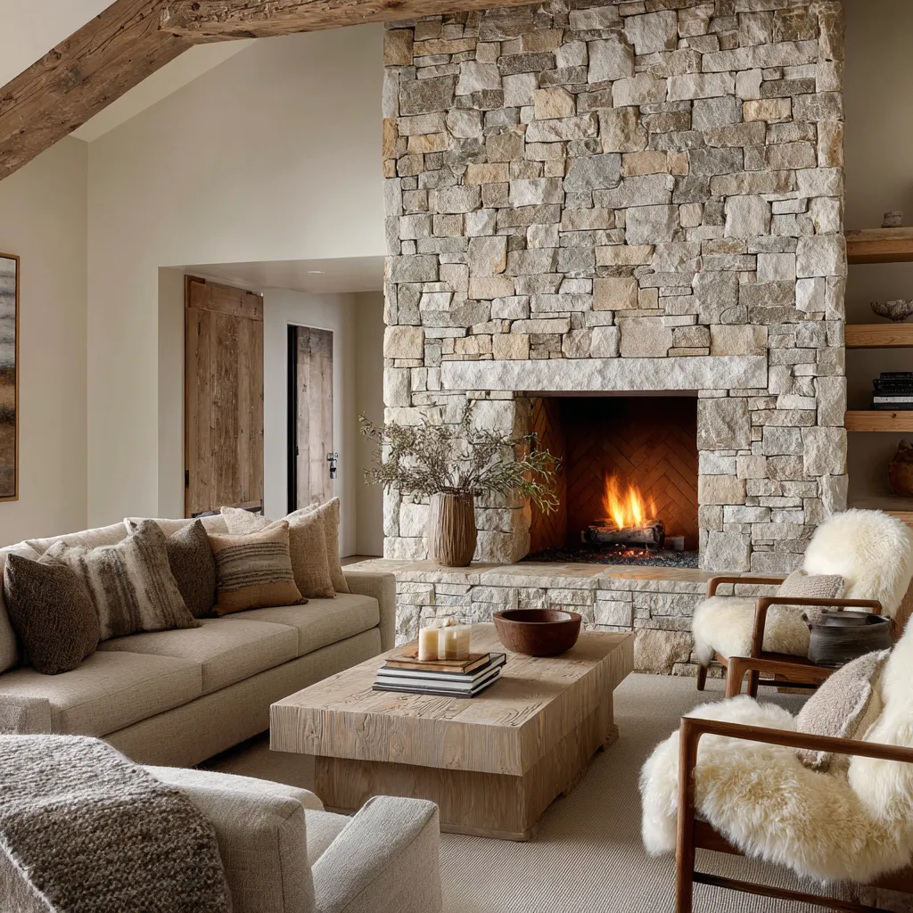 Stone-heavy rustic Scandinavian living room inspiration idea with a monumental chimney, low pale sofa, broad timber coffee table Stone-heavy rustic Scandinavian living room inspiration idea with a monumental chimney, low pale sofa, broad timber coffee table