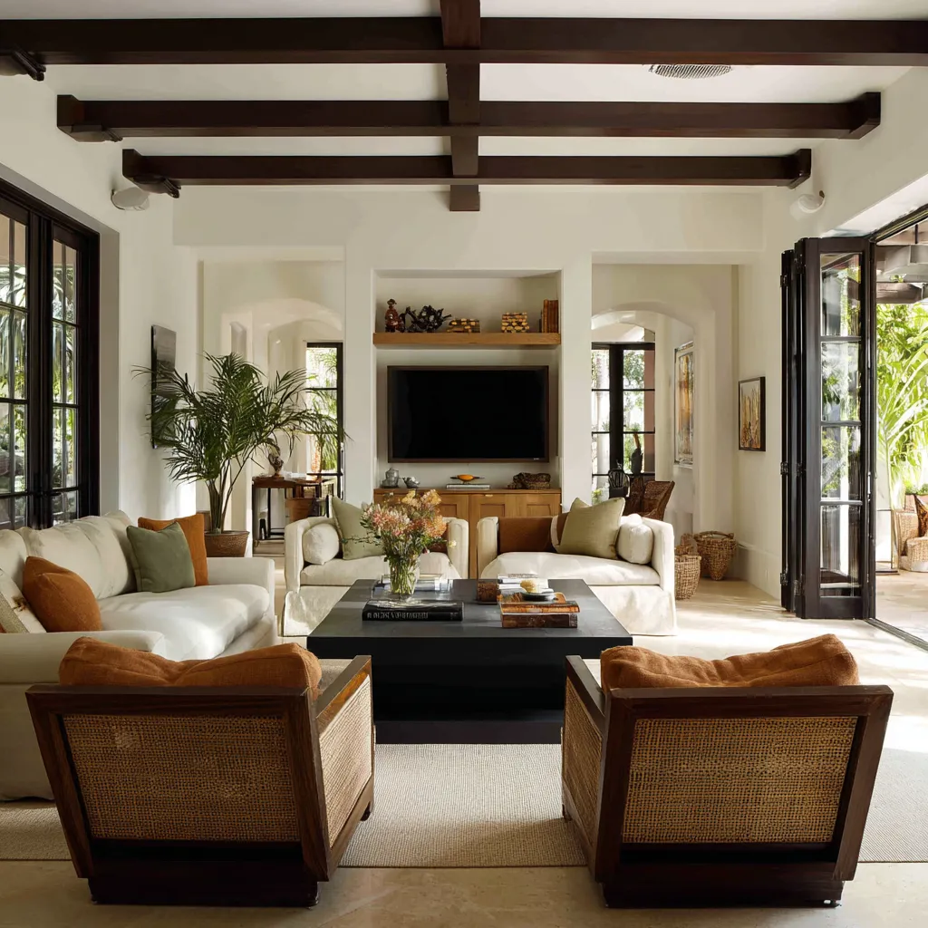 Strong British colonial interior design concept in a tall plaster-walled room with sloped ceiling, dark beams Strong British colonial interior design concept in a tall plaster-walled room with sloped ceiling, dark beams