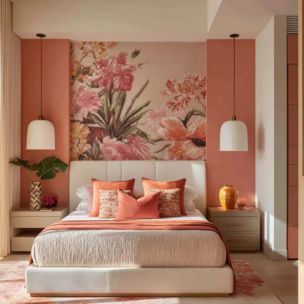 Structured pink maximalist bedroom with a central floral mural panel framed by salmon side walls, warm ivory bed Structured pink maximalist bedroom with a central floral mural panel framed by salmon side walls, warm ivory bed