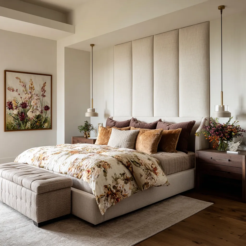 Stylisg Bedroom design with a tall channel-upholstered headboard wall, floral duvet, amber pillows, pendant lights, and a bench at the foot of the bed Stylisg Bedroom design with a tall channel-upholstered headboard wall, floral duvet, amber pillows, pendant lights, and a bench at the foot of the bed