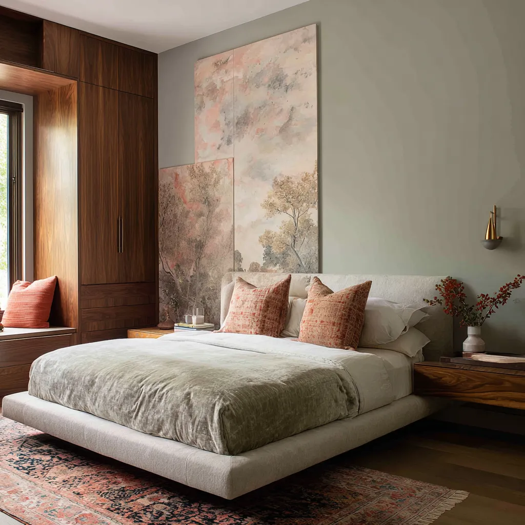 Stylish Bedroom with sage-gray walls, towering blush-toned landscape panels above a low floating bed Stylish Bedroom with sage-gray walls, towering blush-toned landscape panels above a low floating bed