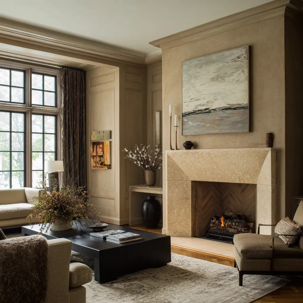 Stylish English country old money living room design idea with paneled walls, limestone fireplace, dark drapery