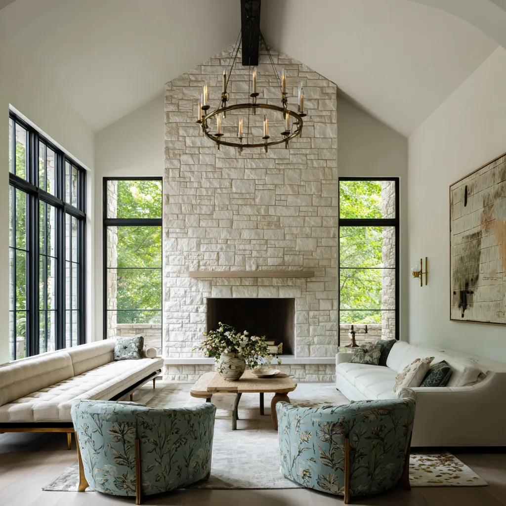 Stylish Grandmillennial living room ideas with vaulted ceiling, tall stone fireplace wall, blue floral barrel chairs, black-framed windows Stylish Grandmillennial living room ideas with vaulted ceiling, tall stone fireplace wall, blue floral barrel chairs, black-framed windows