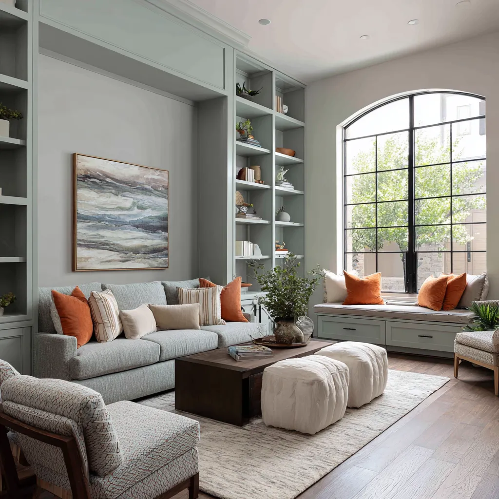 Stylish Living room with pale sage built-ins, tall arched black-trimmed window, pale gray sofa, rust pillows, dark rectangular coffee table Stylish Living room with pale sage built-ins, tall arched black-trimmed window, pale gray sofa, rust pillows, dark rectangular coffee table