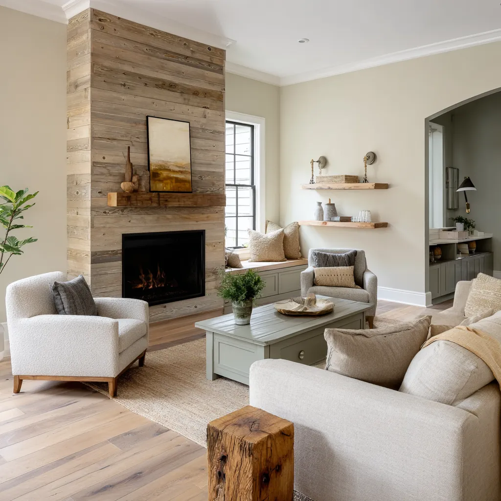 Stylish Norwegian-inspired interior design ideas for a builder-grade great room with reclaimed wood side fireplace wall Stylish Norwegian-inspired interior design ideas for a builder-grade great room with reclaimed wood side fireplace wall