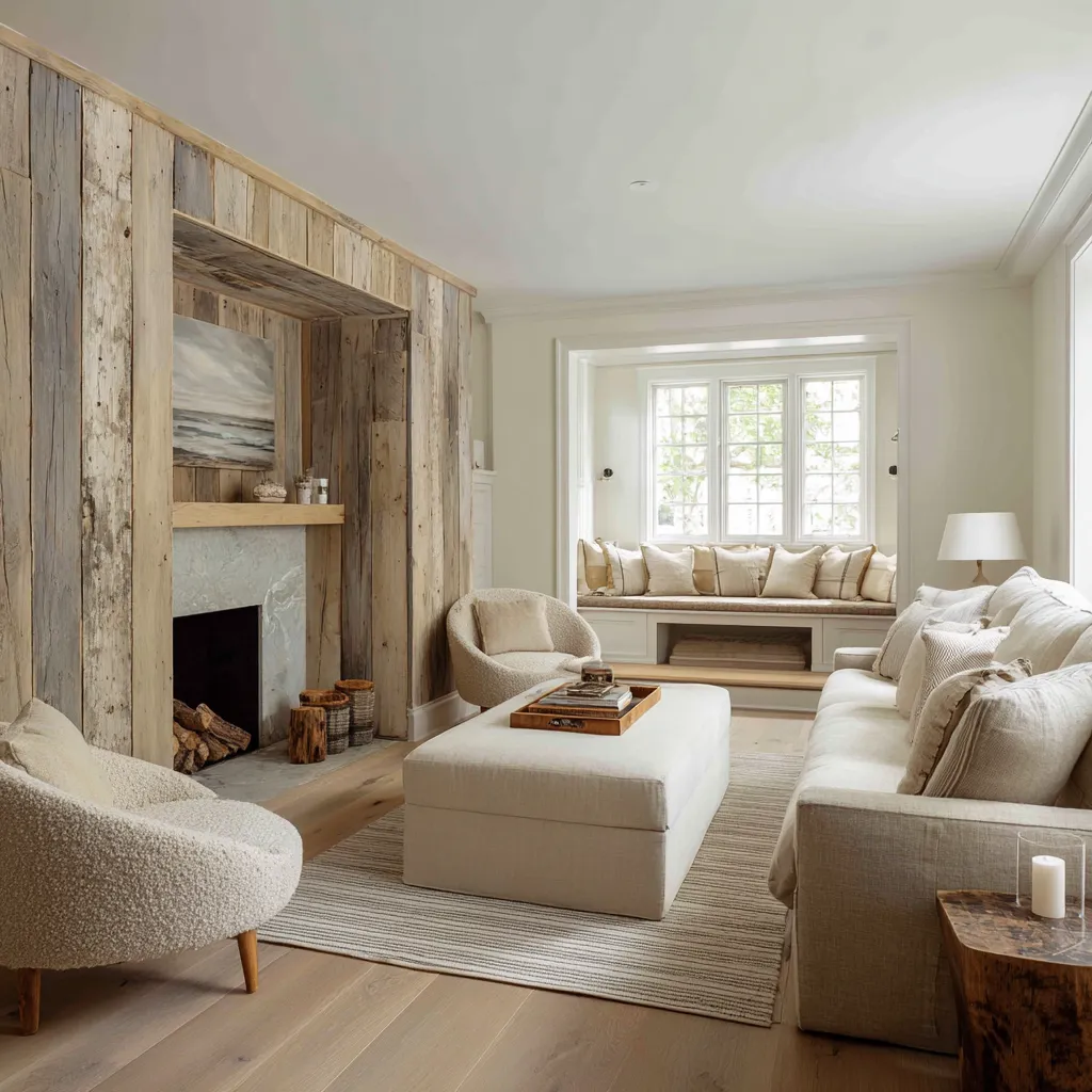 Stylish Scandinavian living room design concept with a reclaimed wood fireplace wall, soft pale sofa and chairs Stylish Scandinavian living room design concept with a reclaimed wood fireplace wall, soft pale sofa and chairs
