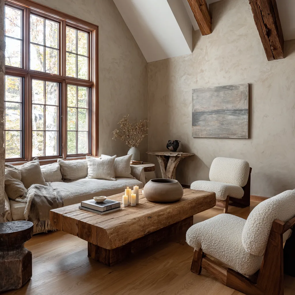 Stylish Scandinavian living room design idea with a vaulted ceiling, tall mullioned window, rough timber coffee table Stylish Scandinavian living room design idea with a vaulted ceiling, tall mullioned window, rough timber coffee table