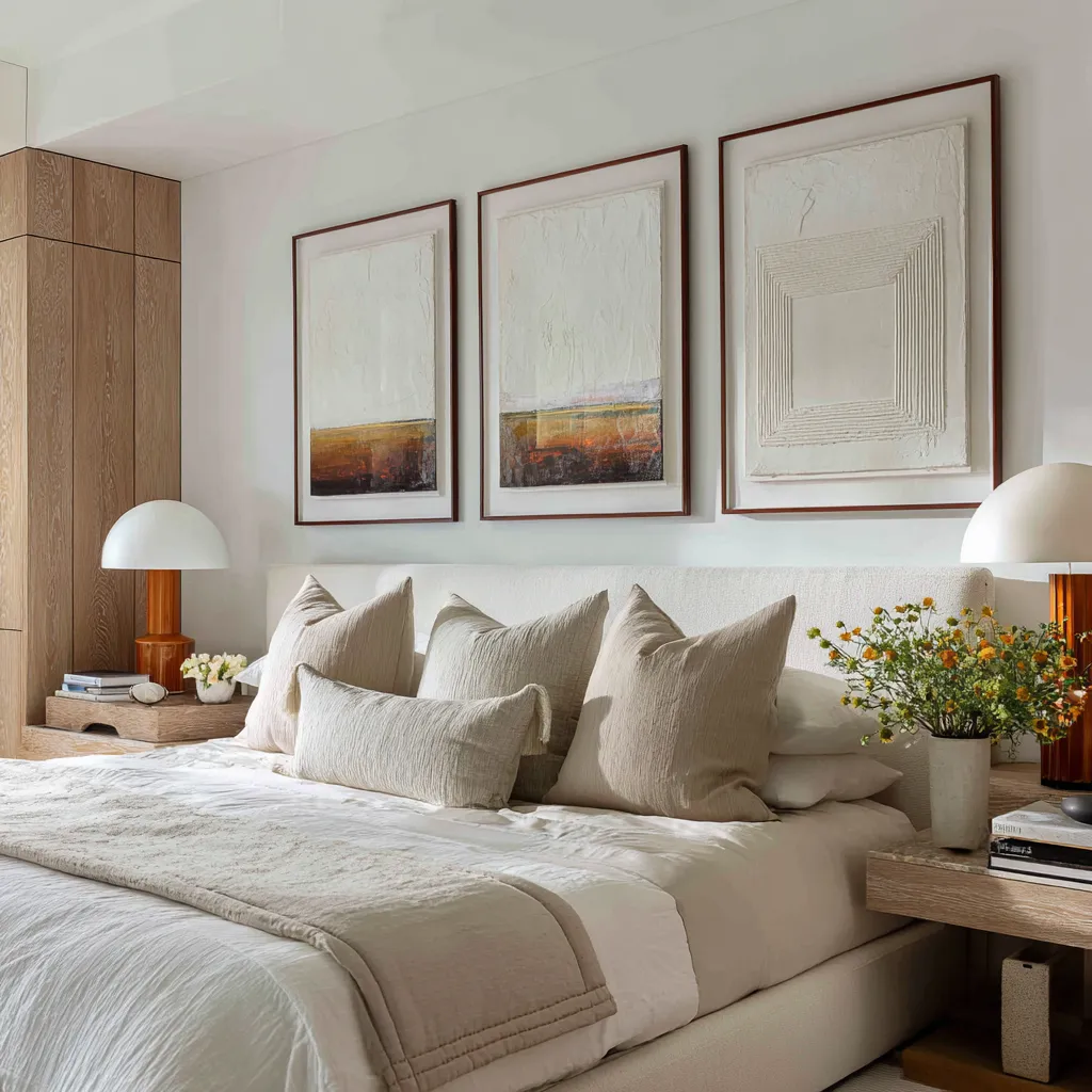 Stylish above the bed decorating ideas featuring three large vertical textured abstract panels in soft cream, rust Stylish above the bed decorating ideas featuring three large vertical textured abstract panels in soft cream, rust